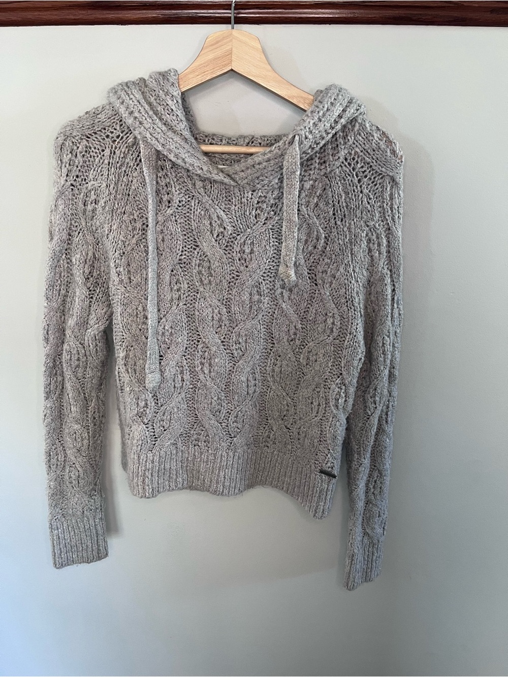 Abercrombie & Fitch‎ Cable Knit Hooded Sweater Gray Oatmeal Small
